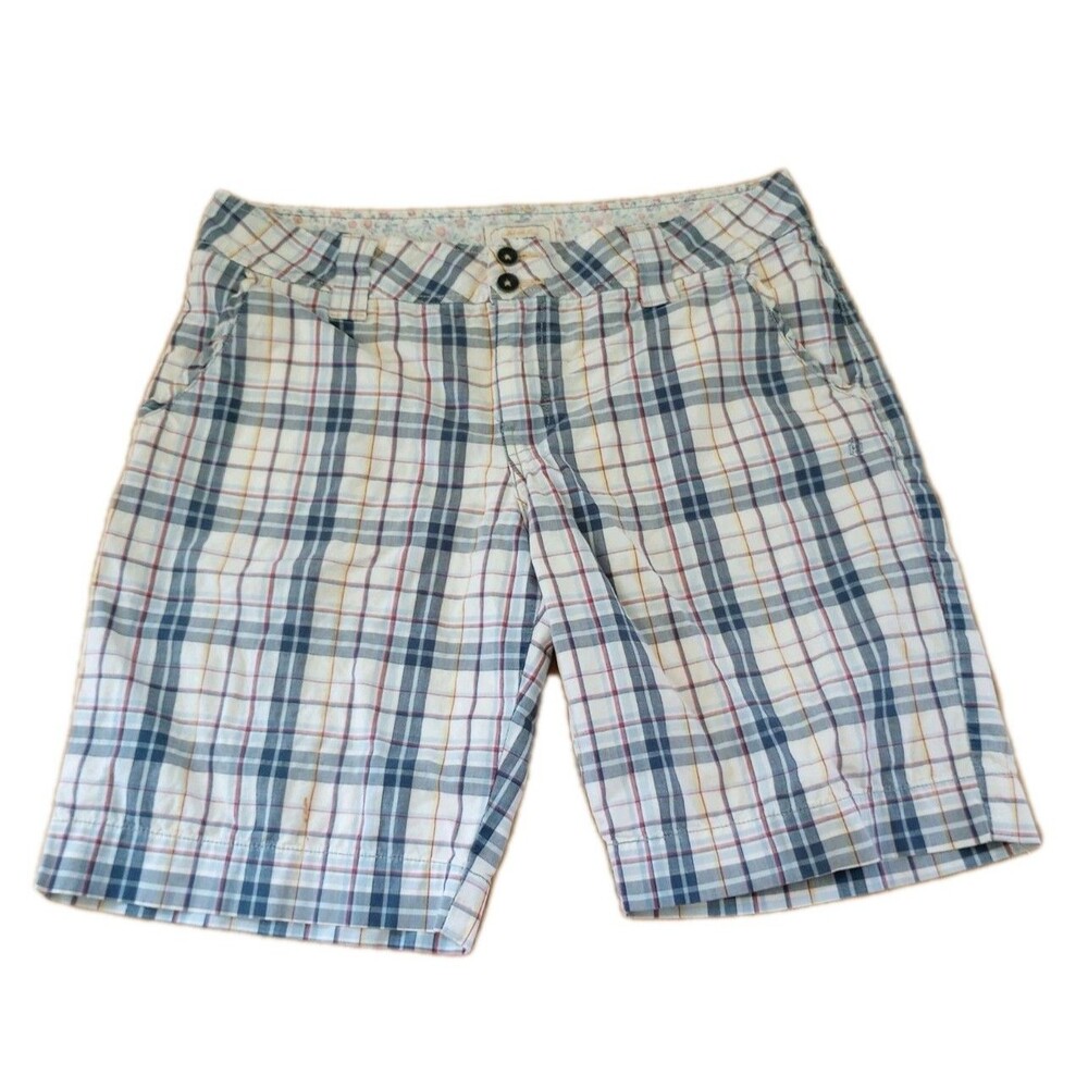 Levi's Bermuda Shorts Plaid White Blue Womens Size 6 Y2K Casual Cotton STAIN